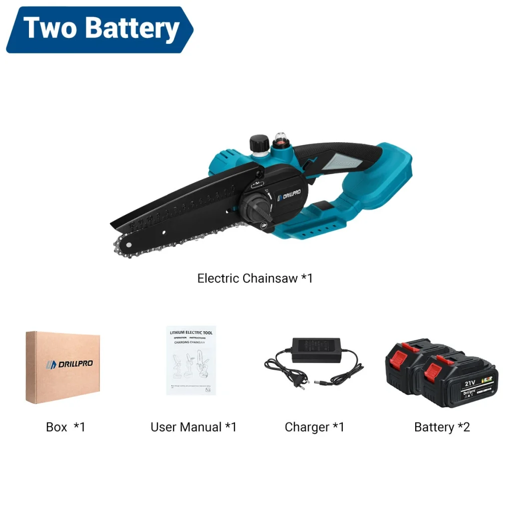 Drillpro 6-Inch High-Efficiency Brushless Chainsaw with Batteries 3000W Power Fast 19.2ft/s Chain Speed Compatible with 18v Battery Ideal for Intense Cutting Tasks