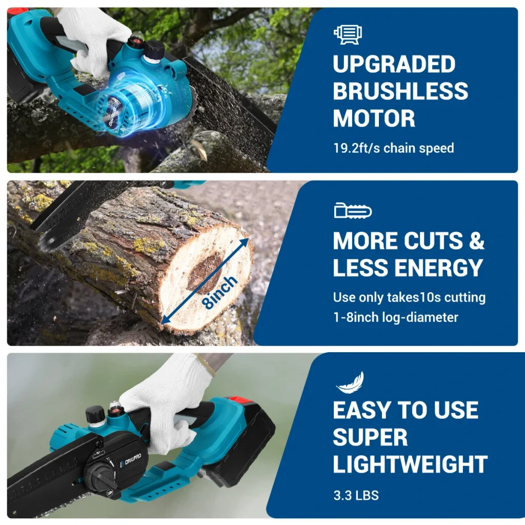 Drillpro 6-Inch High-Efficiency Brushless Chainsaw with Batteries 3000W Power Fast 19.2ft/s Chain Speed Compatible with 18v Battery Ideal for Intense Cutting Tasks