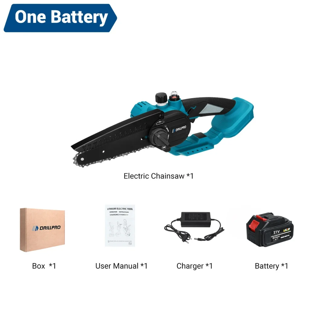 Drillpro 6-Inch High-Efficiency Brushless Chainsaw with Batteries 3000W Power Fast 19.2ft/s Chain Speed Compatible with 18v Battery Ideal for Intense Cutting Tasks