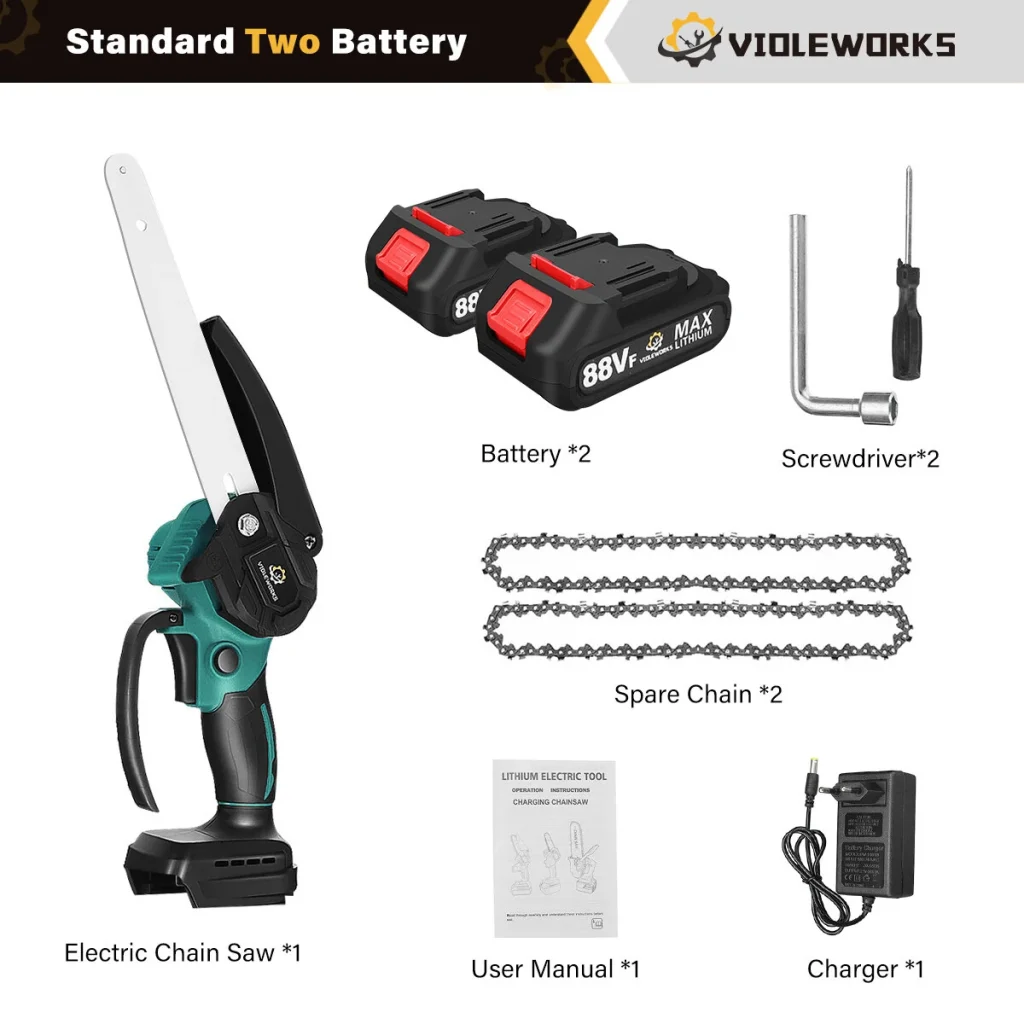VIOLEWORKS 8 Inches 1200W Electric Cordless Chain Saw Brushless Motor With 2500mAh 1/2 Batteries