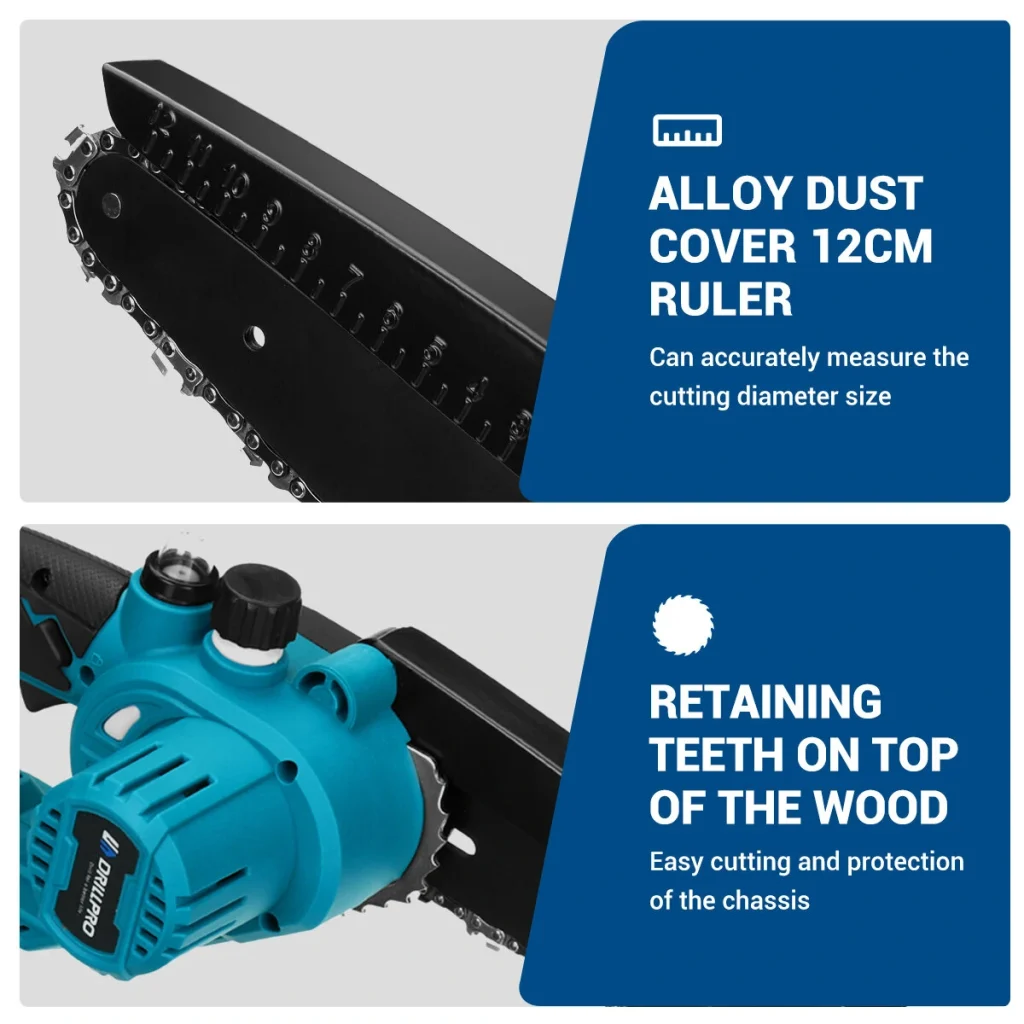 Drillpro 6-Inch High-Efficiency Brushless Chainsaw with Batteries 3000W Power Fast 19.2ft/s Chain Speed Compatible with 18v Battery Ideal for Intense Cutting Tasks