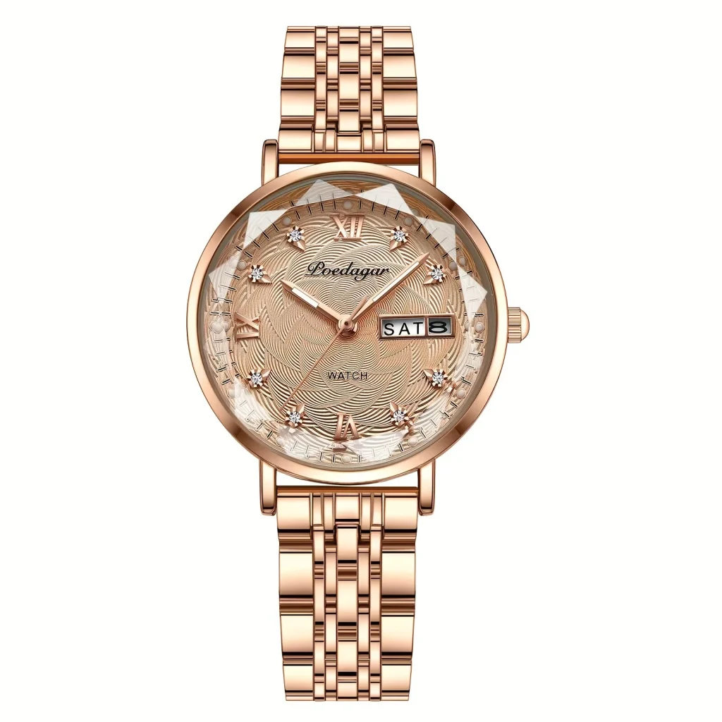 POEDAGAR Women Luxury Rhinestone Quartz Watch Waterproof Luminous Wristwatch Calendar Analog Stainless Steel Wrist Watch Elegant Ladies Watches
