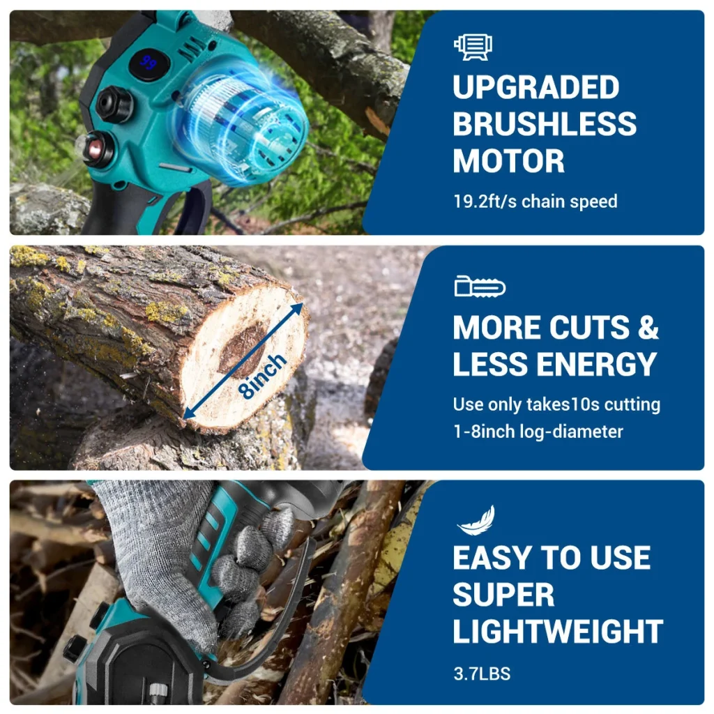 Drillpro 8-Inch Brushless Electric Chainsaw Cordless Rechargeable Fast-Cutting Woodworking Garden Pruning Tool Suitable for Makita 18V Battery