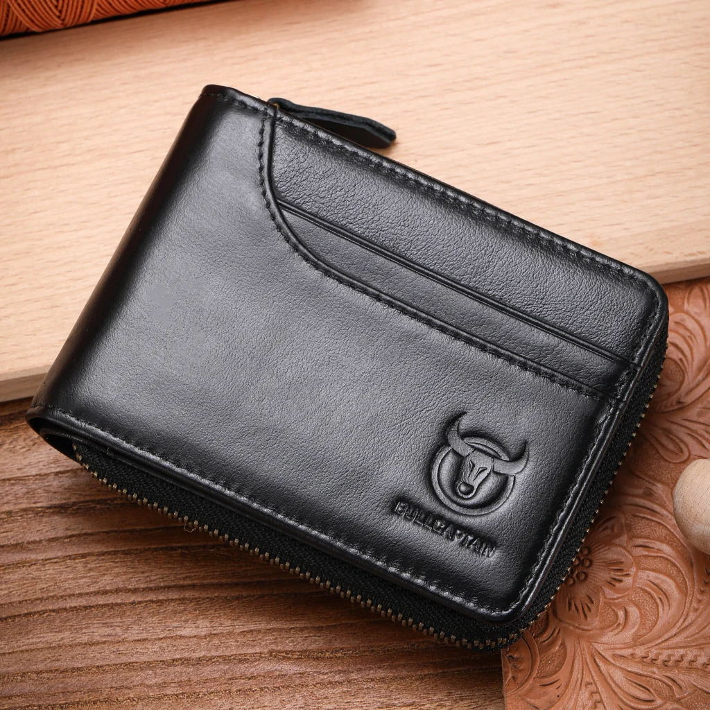 BULLCAPTAIN Men Short Wallet RFID Blocking Card Holder Cowhide Coin Purse Retro Genuine Leather Clutch Zipper Male Money Bags