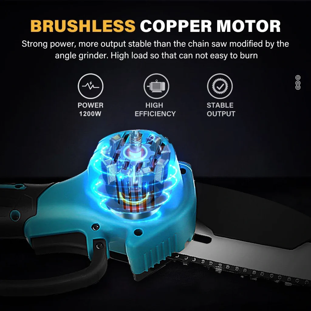 VIOLEWORKS 8 Inches 1200W Electric Cordless Chain Saw Brushless Motor With 2500mAh 1/2 Batteries