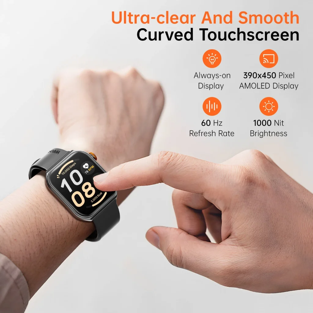 Weofly Edge 2 1.85inch AMOLED Curved Dislay 60Hz Refresh Rate Smooth 3ATM Waterproof Voice Assistant bluetooth Call Heart Rate Blood Oxygen Monitor Sleep Monitoring Breathing Exercise Stress Tracker Female Health Multi-sport Modes Smart Watch