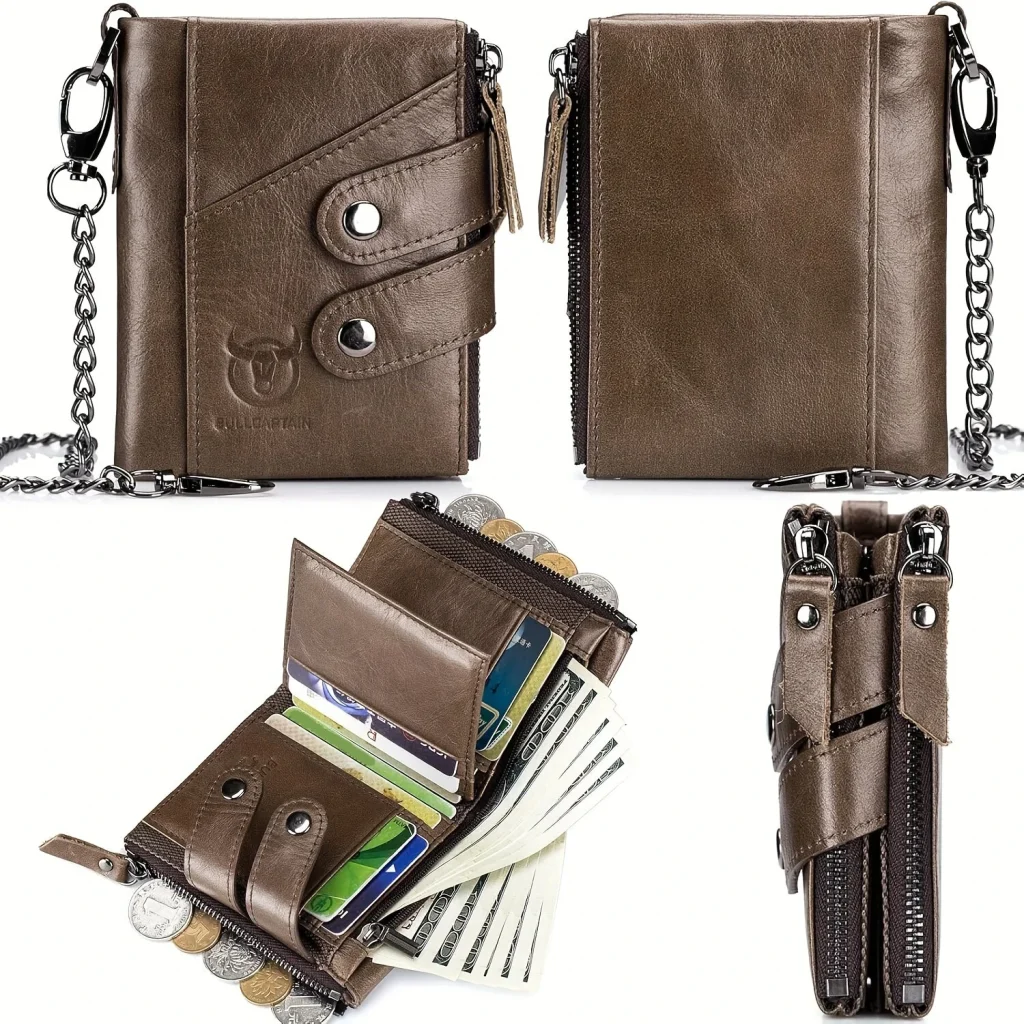 BULLCAPTAIN Genuine Leather Mens Wallet RFID Blocking Short Wallet with Chain Multifunction Card Holder Double Zipper Coin Purse Money Clip Compact Storage Bag Stylish