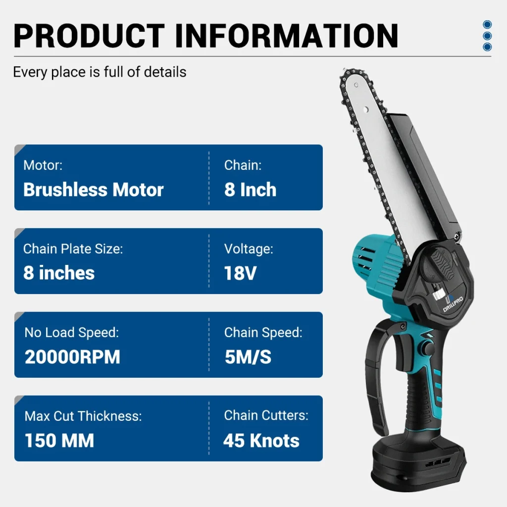 Drillpro 8-Inch Brushless Electric Chainsaw Cordless Rechargeable Fast-Cutting Woodworking Garden Pruning Tool Suitable for Makita 18V Battery