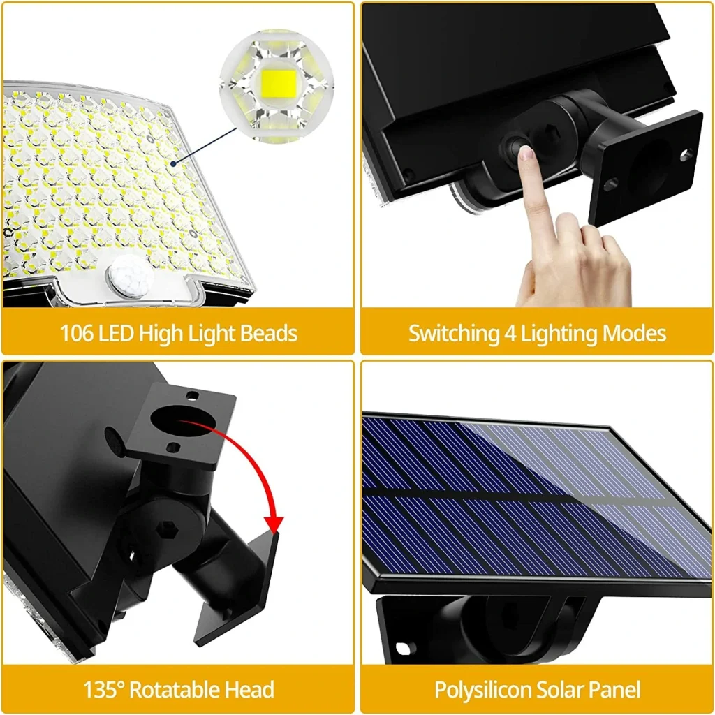 Elfeland Solar Light Outdoor 106 LED Super Bright Motion Sensor Solar Strong Power LED Garden Wall Lamp IP65 Waterproof 4 Working Modes