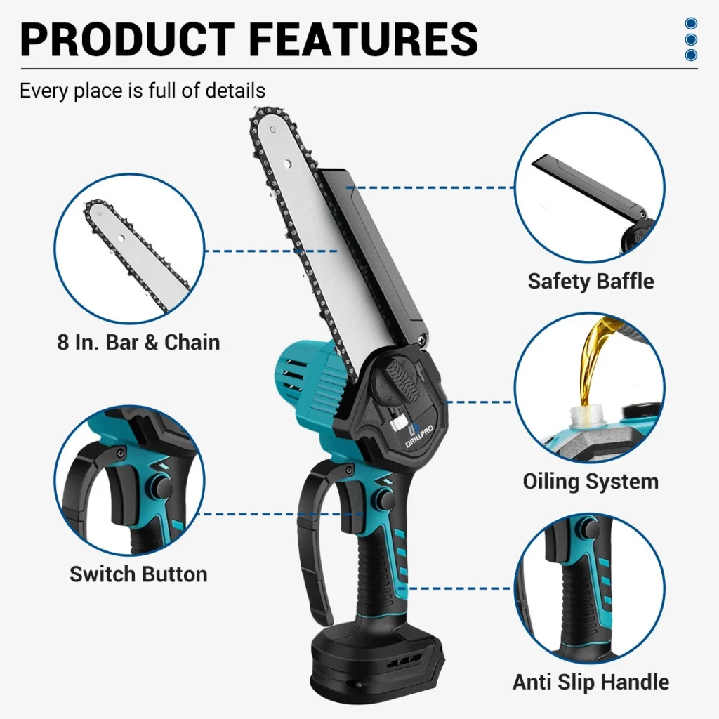 Drillpro 8-Inch Brushless Electric Chainsaw Cordless Rechargeable Fast-Cutting Woodworking Garden Pruning Tool Suitable for Makita 18V Battery
