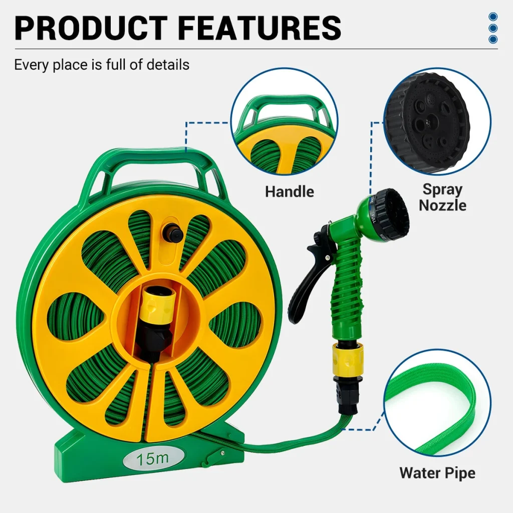 Drillpro Water Pipe 15m PVC Hose with 5 Patterns Spray Nozzle for 1/2 Inch or 3/4 Inch Faucets Gardening Cleaning