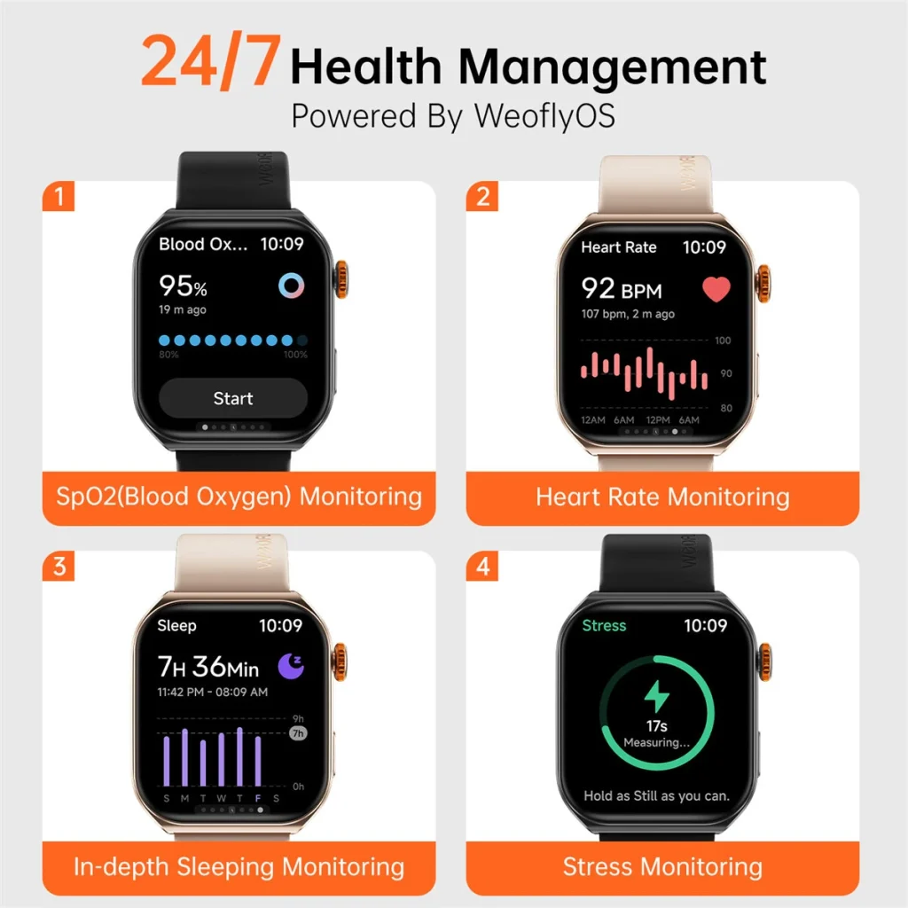 Weofly Edge 2 1.85inch AMOLED Curved Dislay 60Hz Refresh Rate Smooth 3ATM Waterproof Voice Assistant bluetooth Call Heart Rate Blood Oxygen Monitor Sleep Monitoring Breathing Exercise Stress Tracker Female Health Multi-sport Modes Smart Watch