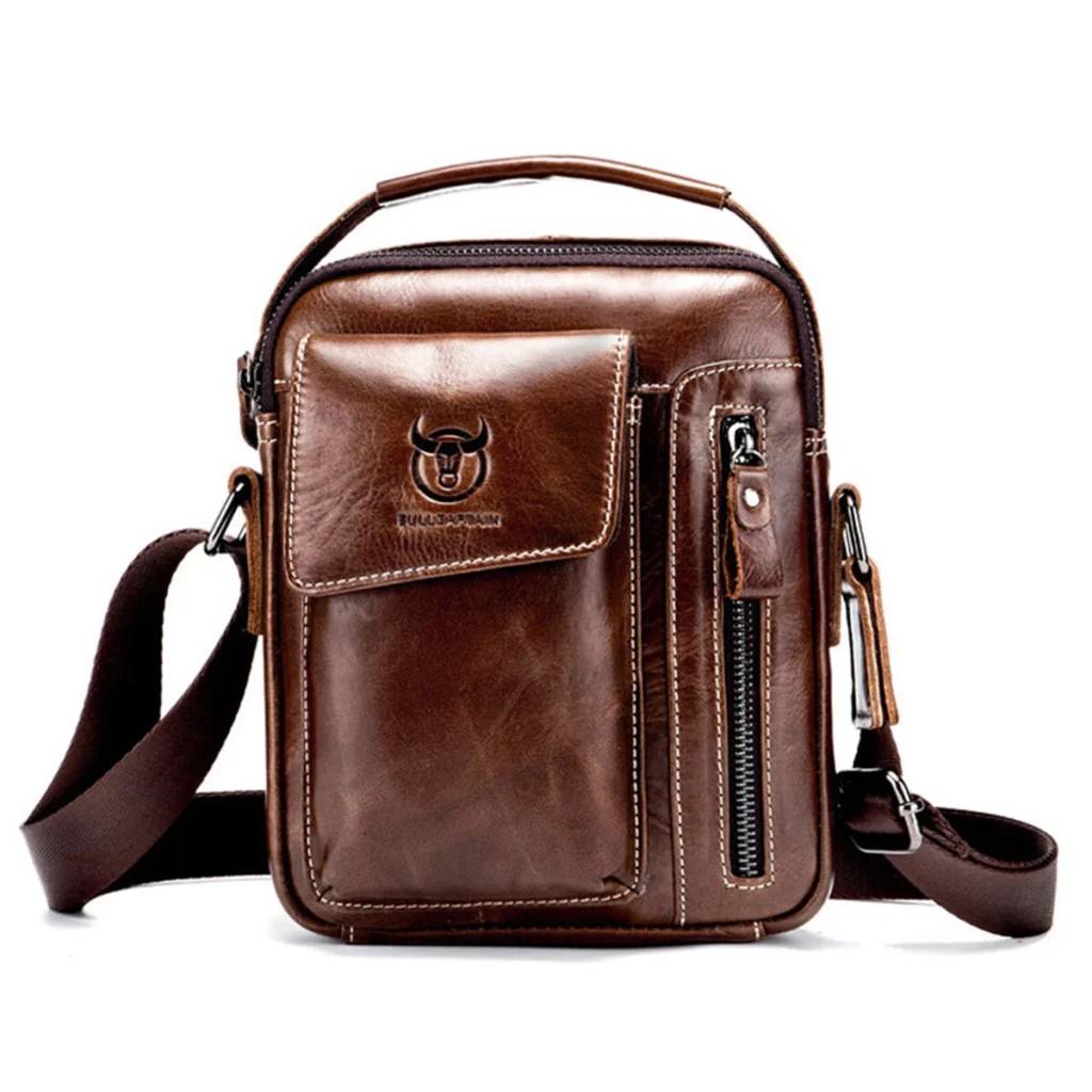 BULLCAPTAIN Genuine Leather Business Messenger Bag Retro Mini Vintage Shoulder Bag Crossbody Bag for Men Multi-functional Leather Mobile Phone Bags