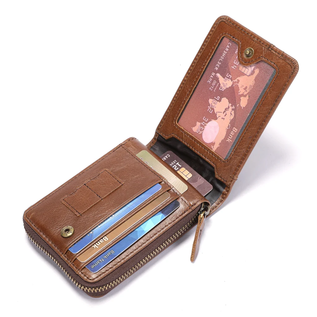 BULLCAPTAIN Men Short Wallet RFID Blocking Card Holder Cowhide Coin Purse Retro Genuine Leather Clutch Zipper Male Money Bags