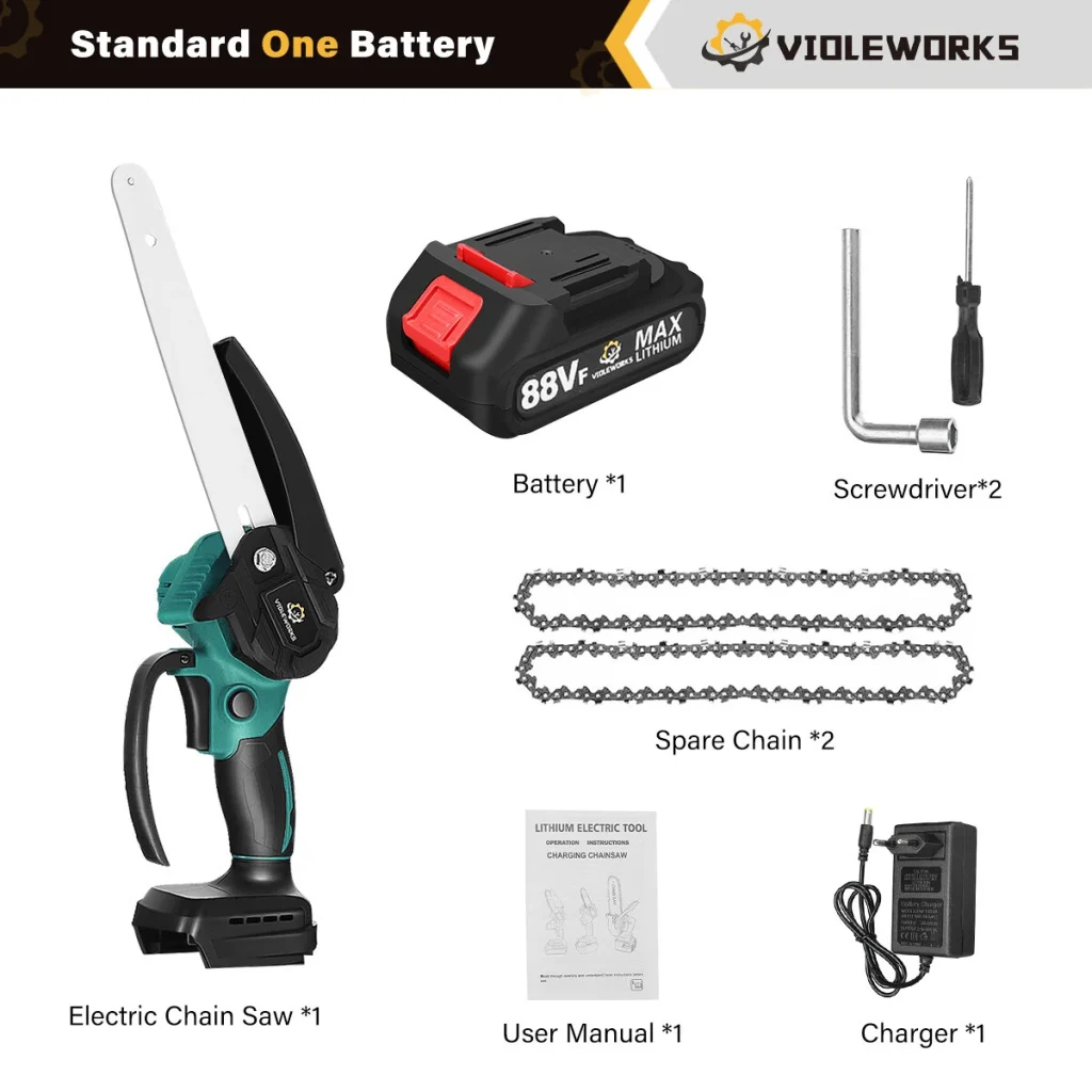 VIOLEWORKS 8 Inches 1200W Electric Cordless Chain Saw Brushless Motor With 2500mAh 1/2 Batteries