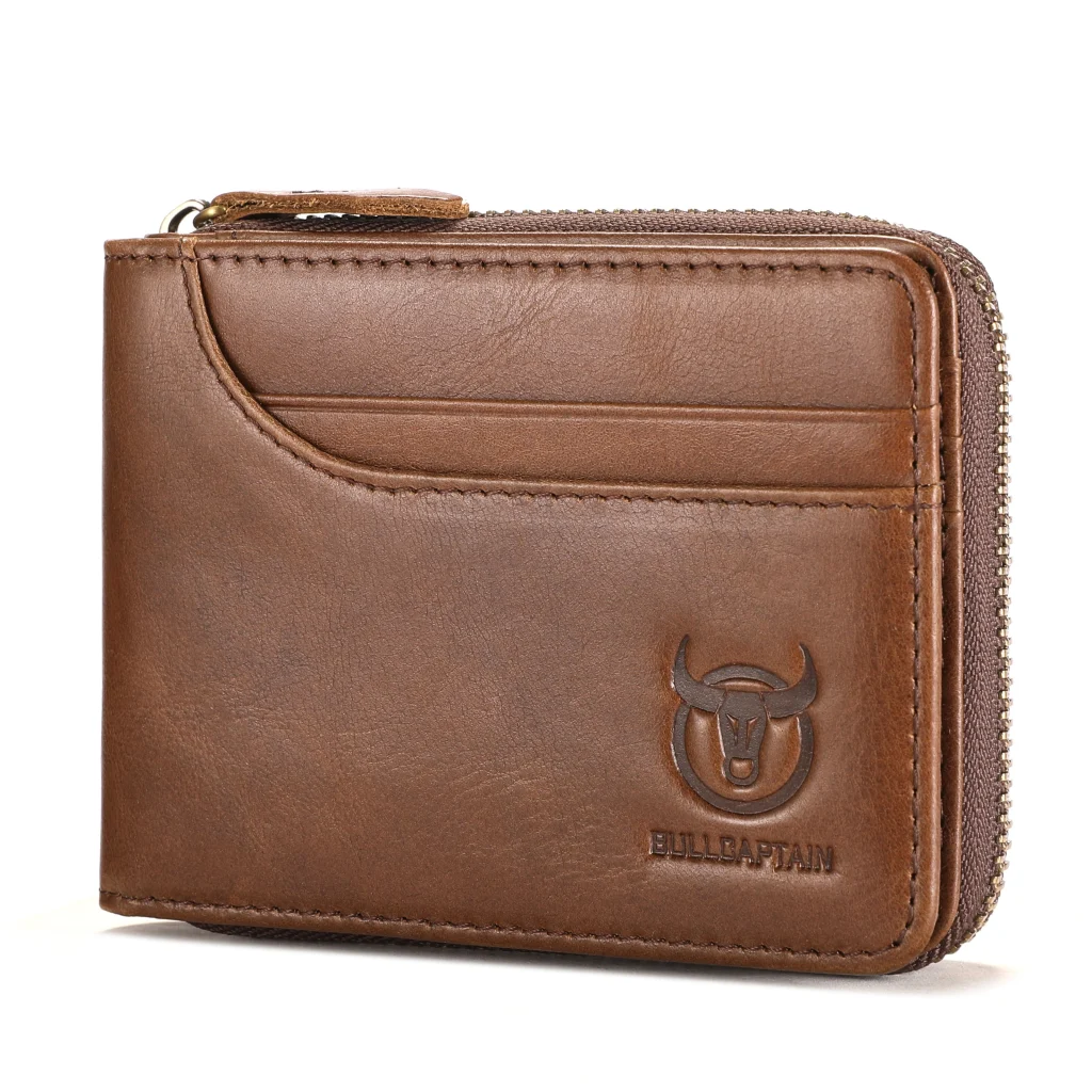 BULLCAPTAIN Men Short Wallet RFID Blocking Card Holder Cowhide Coin Purse Retro Genuine Leather Clutch Zipper Male Money Bags