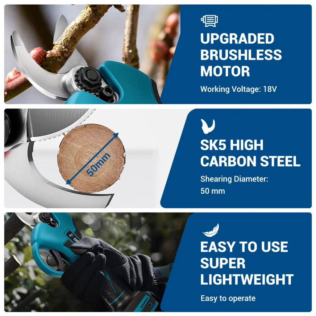 Drillpro Electric Pruner Brushless Motor 18V SK5 High Carbon Steel Blades 50mm Max Cutting Diameter Cordless Pruning Shears Garden Tool