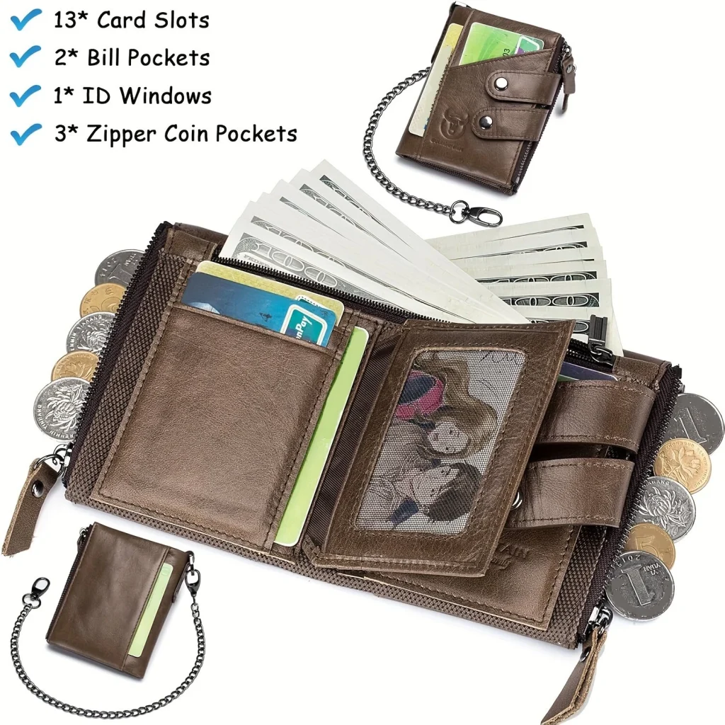 BULLCAPTAIN Genuine Leather Mens Wallet RFID Blocking Short Wallet with Chain Multifunction Card Holder Double Zipper Coin Purse Money Clip Compact Storage Bag Stylish