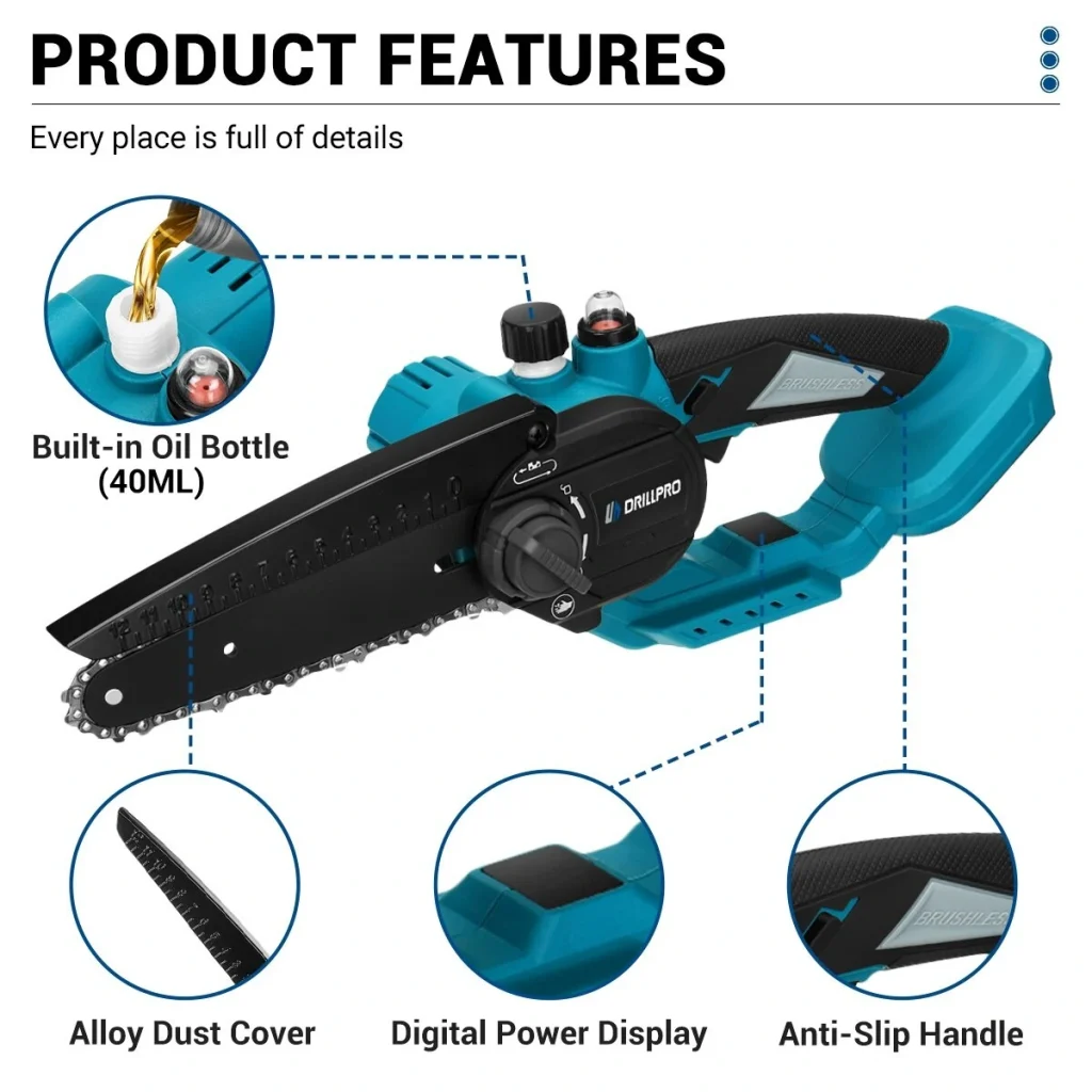 Drillpro 6-Inch High-Efficiency Brushless Chainsaw with Batteries 3000W Power Fast 19.2ft/s Chain Speed Compatible with 18v Battery Ideal for Intense Cutting Tasks