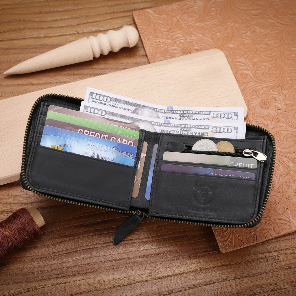 BULLCAPTAIN Men Short Wallet RFID Blocking Card Holder Cowhide Coin Purse Retro Genuine Leather Clutch Zipper Male Money Bags