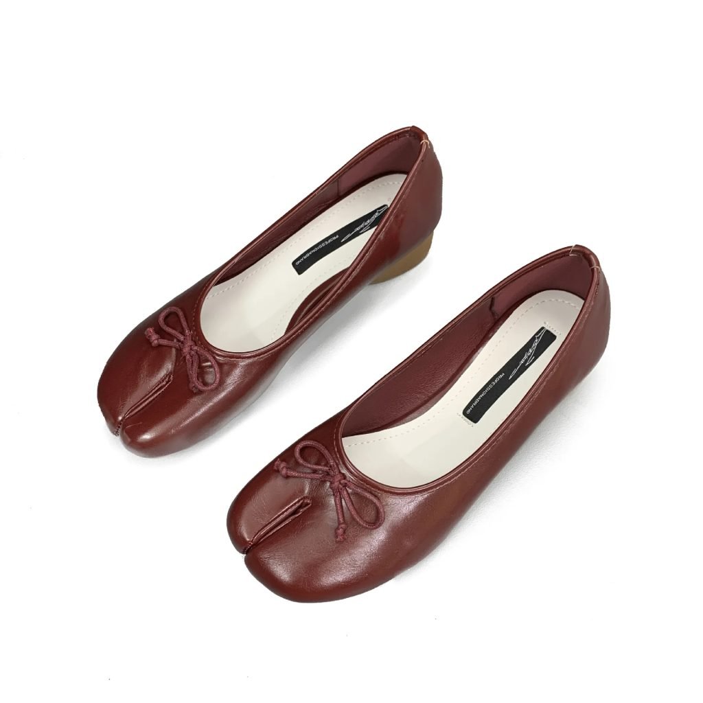 Split Toe Shoes Tabis Ballet Flats Women Black Leather Mary Janes Plus Size 44 Butterfly Knot Ballerinas Zapatos mujer