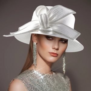Deluxe New White Church Hat Party Banquet Satin Cloth Photography Hats Premium Chains Formal Hat Flower Top Cap For Women Ladies