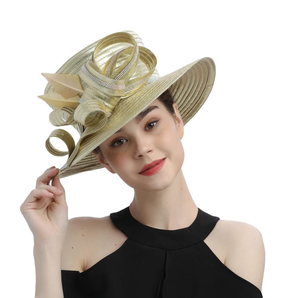 Perfect Gold Satin Cloth Church Hat Unique Photography Hats Chains Fashion Formal Hat Luxury Flower Wedding Top Hat for Women