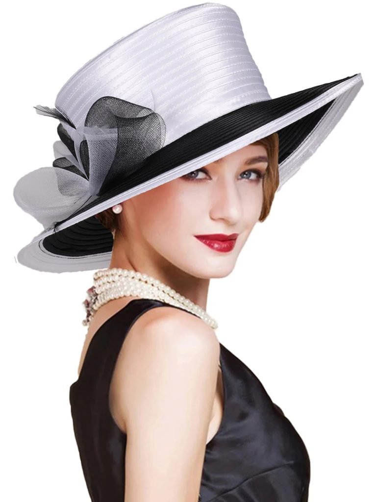 Elegant Derby Bridal Hats 2025 Cloth Strip Bowler Fedora for Church Wedding/Tea Party | Wide Brim Bride Hat with Flat Top Design