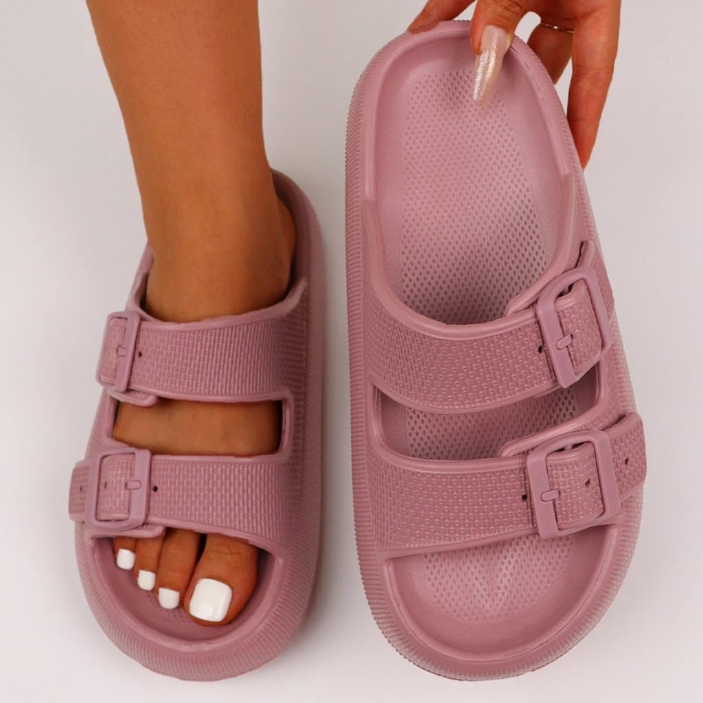 Couple Anti-Slip Slides with Double Buckle round Toe Home Slippers for Women Outdoor Wear Comfortable Matching Slippers
