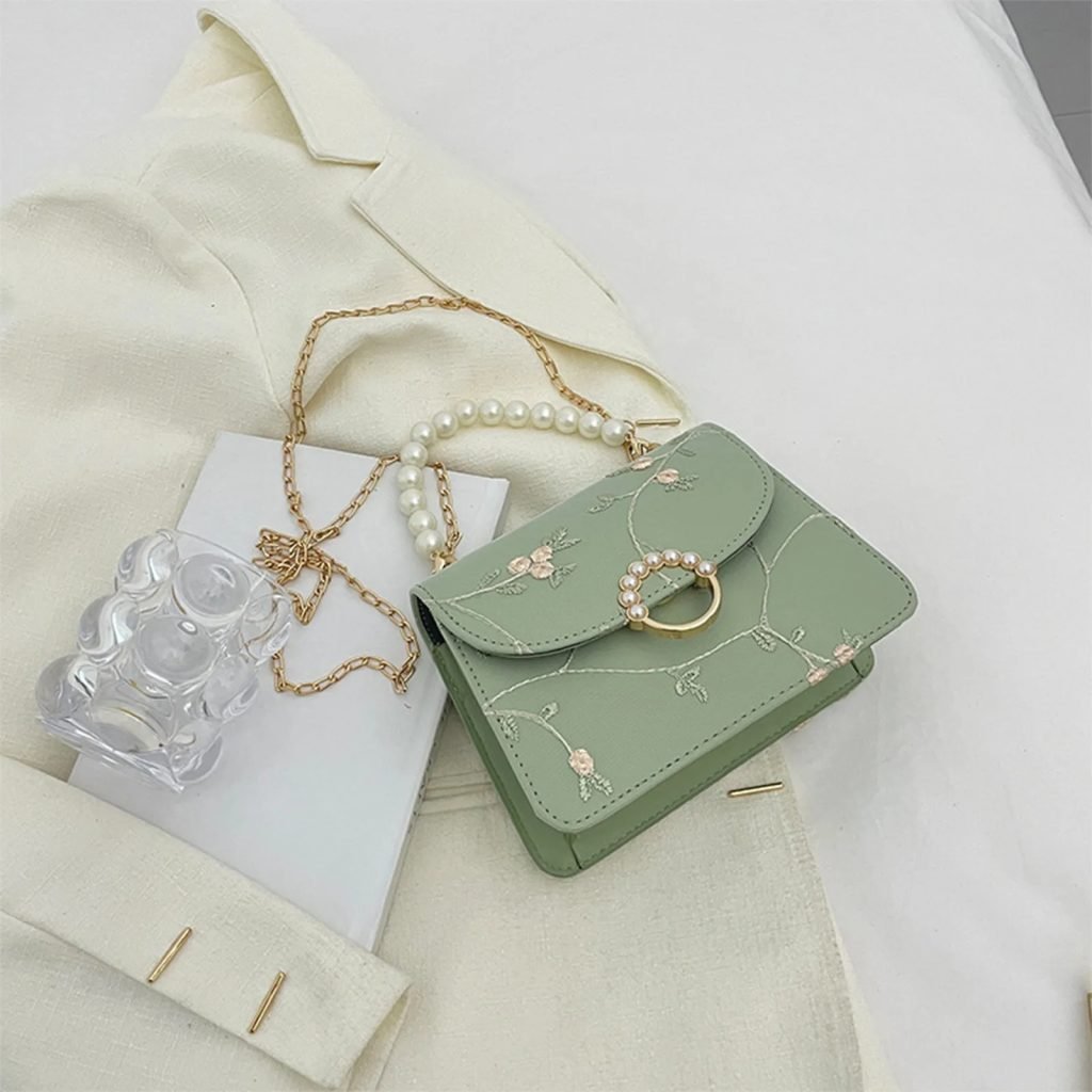 Women'S Fashion Chain One Shoulder Crossbody Non-Positioning Lace Embroidery Pearl Handbag Small Square Bag Bolsas Para Mujeres