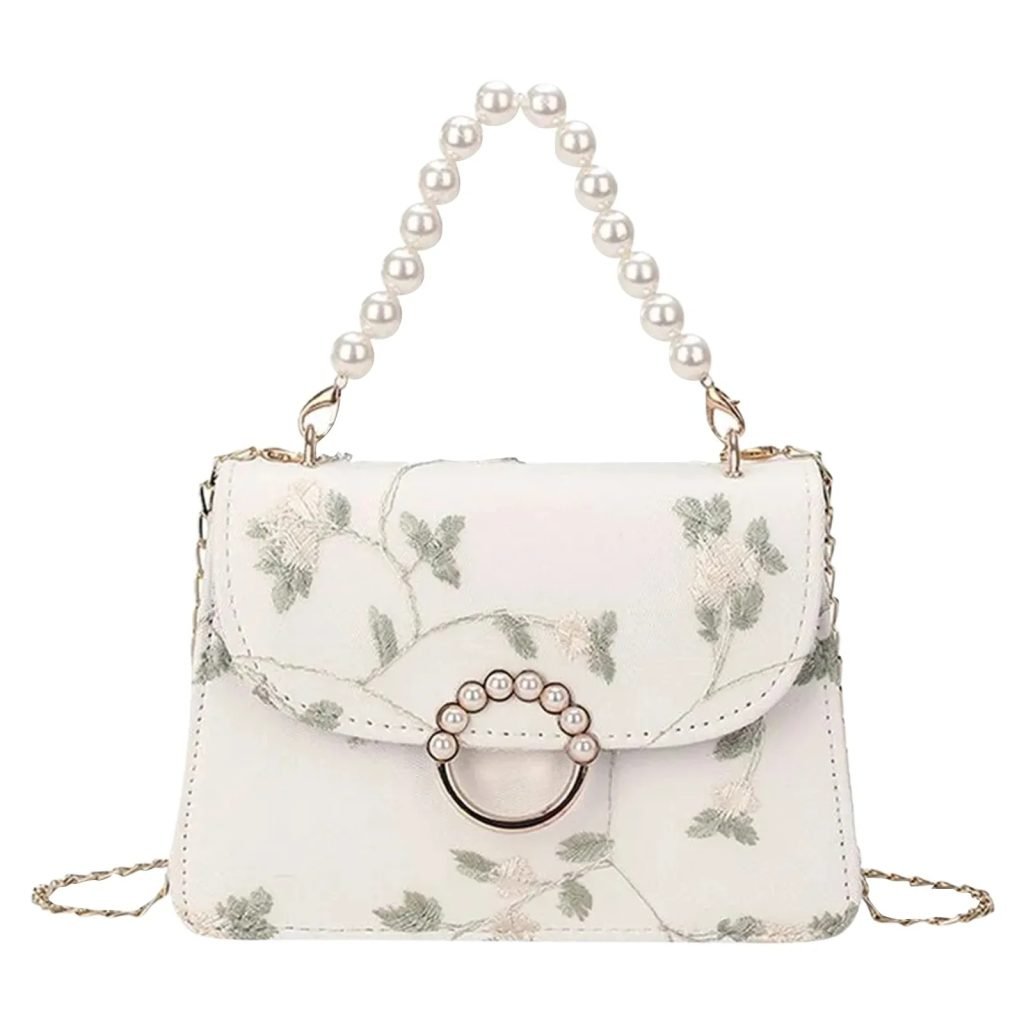 Women'S Fashion Chain One Shoulder Crossbody Non-Positioning Lace Embroidery Pearl Handbag Small Square Bag Bolsas Para Mujeres
