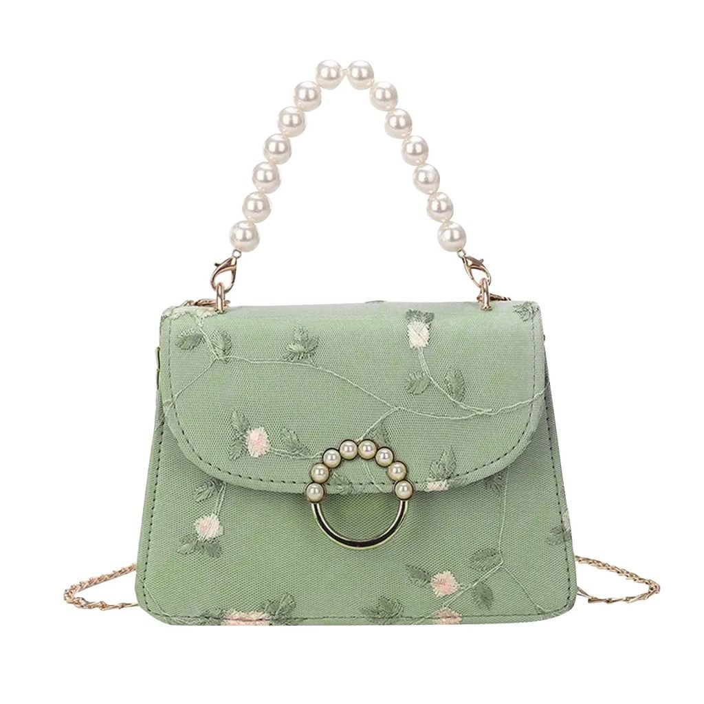 Women'S Fashion Chain One Shoulder Crossbody Non-Positioning Lace Embroidery Pearl Handbag Small Square Bag Bolsas Para Mujeres