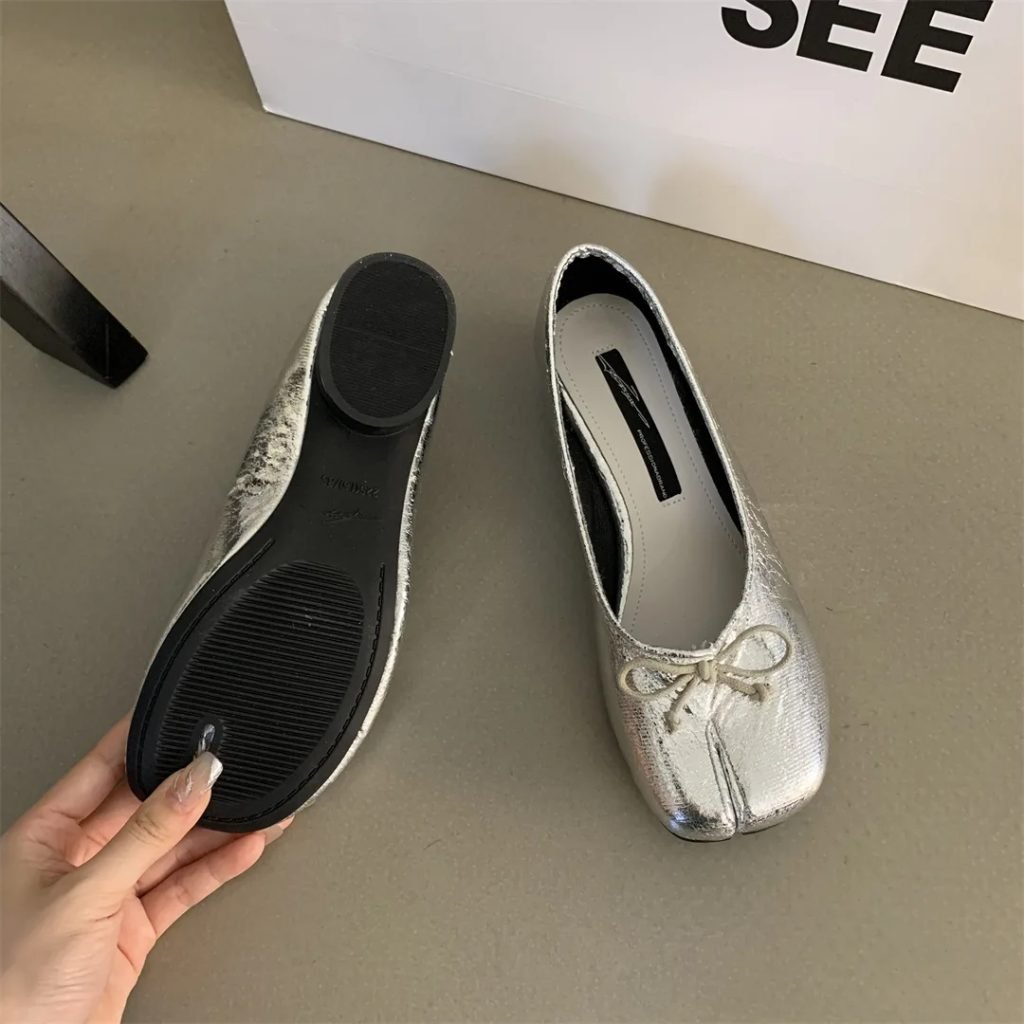 Split Toe Shoes Tabis Ballet Flats Women Black Leather Mary Janes Plus Size 44 Butterfly Knot Ballerinas Zapatos mujer