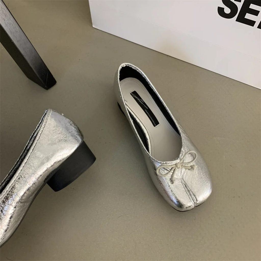 Split Toe Shoes Tabis Ballet Flats Women Black Leather Mary Janes Plus Size 44 Butterfly Knot Ballerinas Zapatos mujer