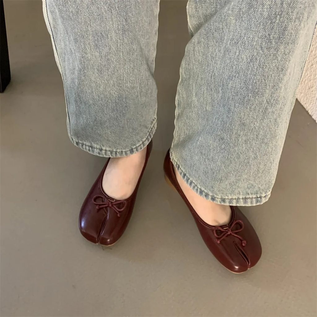 Split Toe Shoes Tabis Ballet Flats Women Black Leather Mary Janes Plus Size 44 Butterfly Knot Ballerinas Zapatos mujer