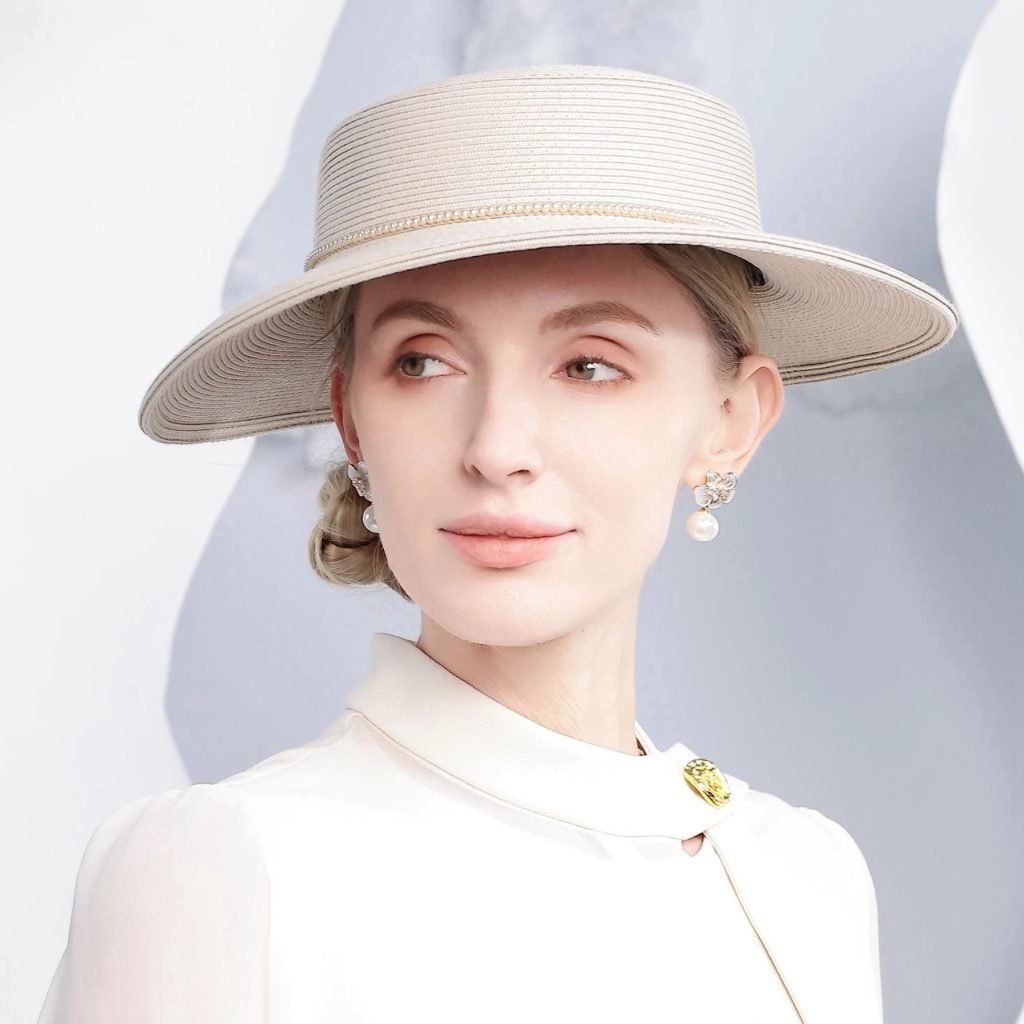 FS Gray Champagne Summer Straw Hat For Women Flat Top Kentucky Derby Hats Luxury Lady Wide Brim Wedding Cap Sombrero Mujer 2025