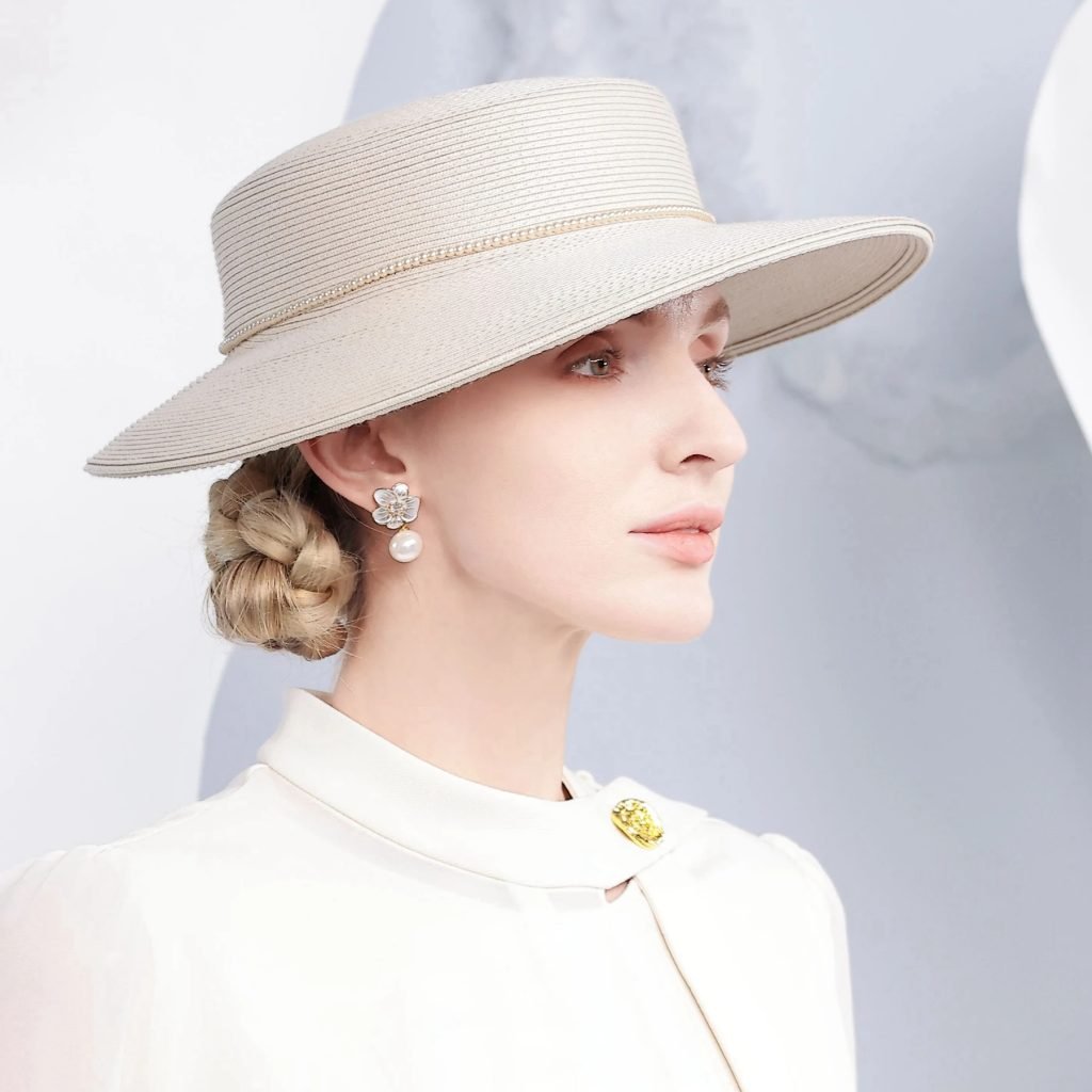 FS Gray Champagne Summer Straw Hat For Women Flat Top Kentucky Derby Hats Luxury Lady Wide Brim Wedding Cap Sombrero Mujer 2025