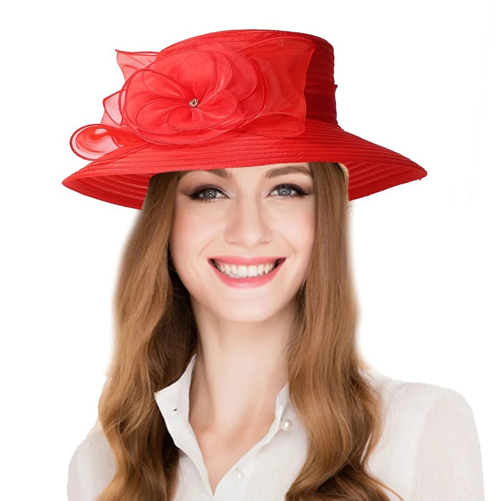 FS Red White Wide Brim Church Hats Summer Fascinators Hat For Women Elegant Sunshade Wedding Bride Cap With Flower Sombrero 2025