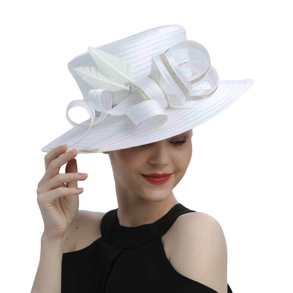 Deluxe New White Church Hat Party Banquet Satin Cloth Photography Hats Premium Chains Formal Hat Flower Top Cap For Women Ladies