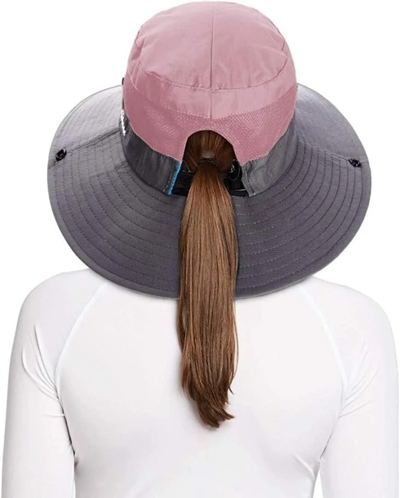 Ponytail Sun Bucket Hats for Women UV Protection Foldable Mesh Wide Brim Hiking Beach Fishing Summer Safari