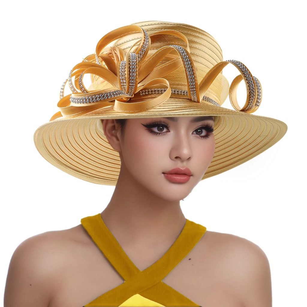 Perfect Gold Satin Cloth Church Hat Unique Photography Hats Chains Fashion Formal Hat Luxury Flower Wedding Top Hat for Women