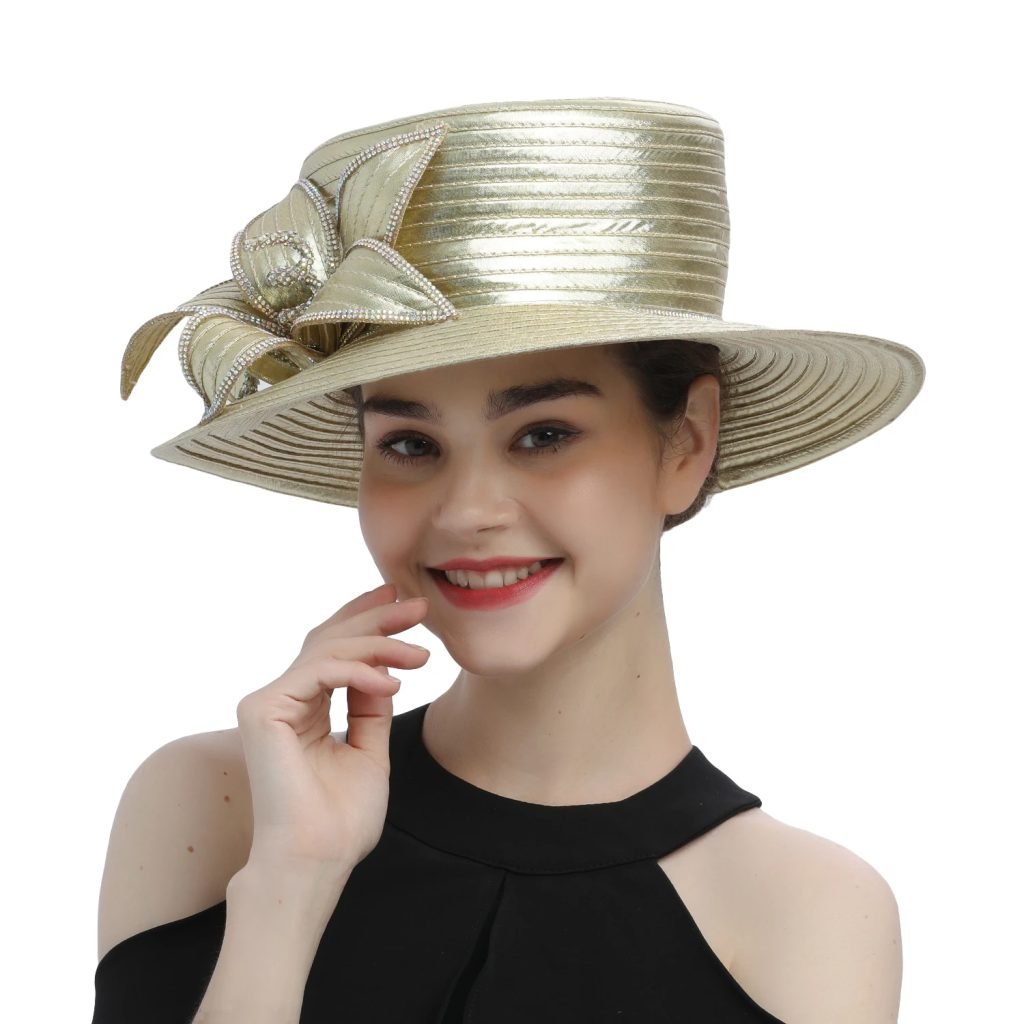 Perfect Gold Satin Cloth Church Hat Unique Photography Hats Chains Fashion Formal Hat Luxury Flower Wedding Top Hat for Women