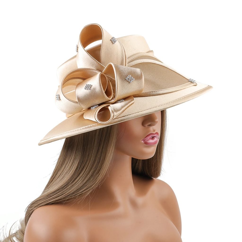 Perfect Gold Satin Cloth Church Hat Unique Photography Hats Chains Fashion Formal Hat Luxury Flower Wedding Top Hat for Women