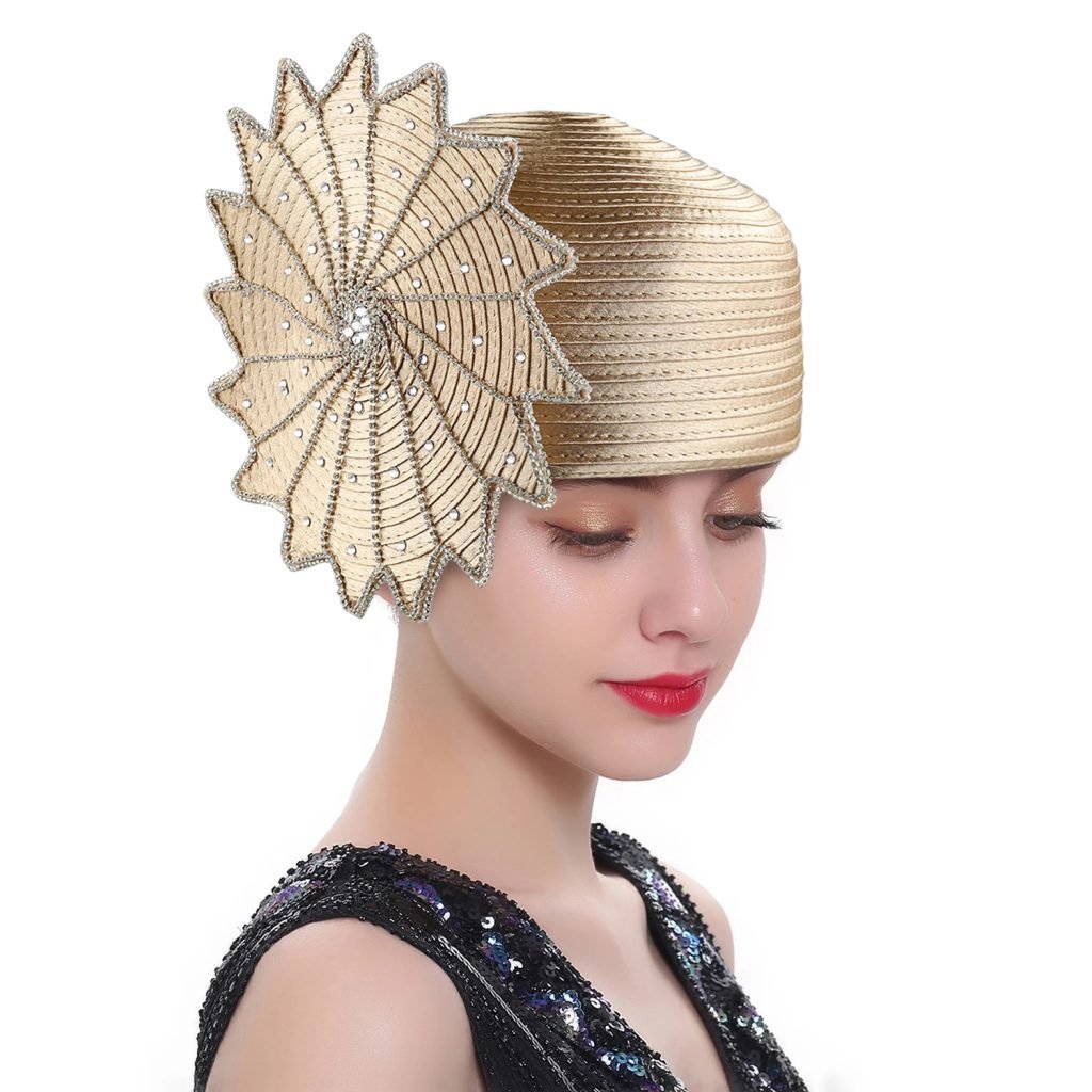 Perfect Gold Satin Cloth Church Hat Unique Photography Hats Chains Fashion Formal Hat Luxury Flower Wedding Top Hat for Women