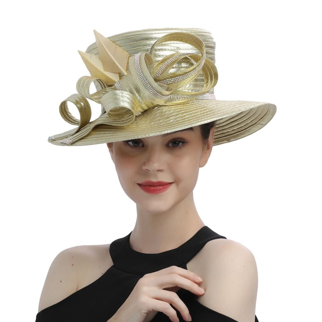 Perfect Gold Satin Cloth Church Hat Unique Photography Hats Chains Fashion Formal Hat Luxury Flower Wedding Top Hat for Women