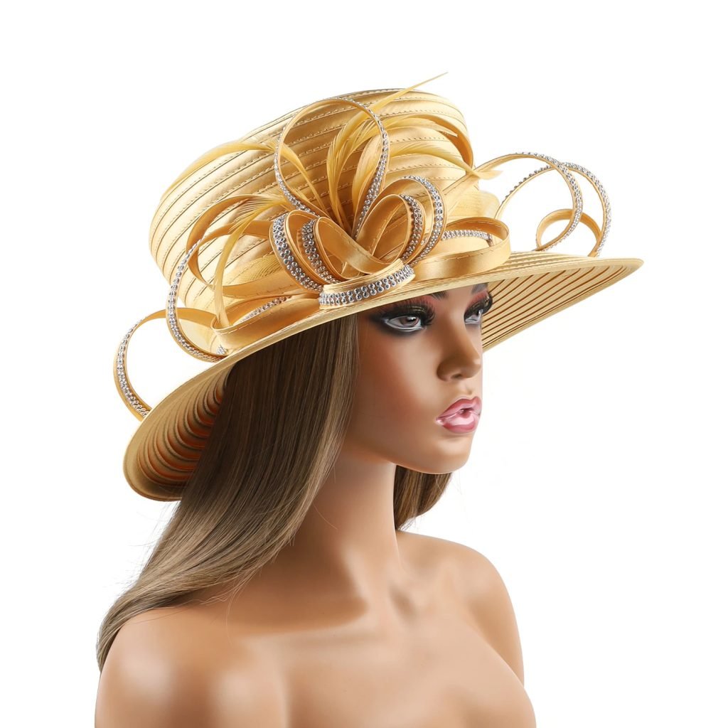 Perfect Gold Satin Cloth Church Hat Unique Photography Hats Chains Fashion Formal Hat Luxury Flower Wedding Top Hat for Women