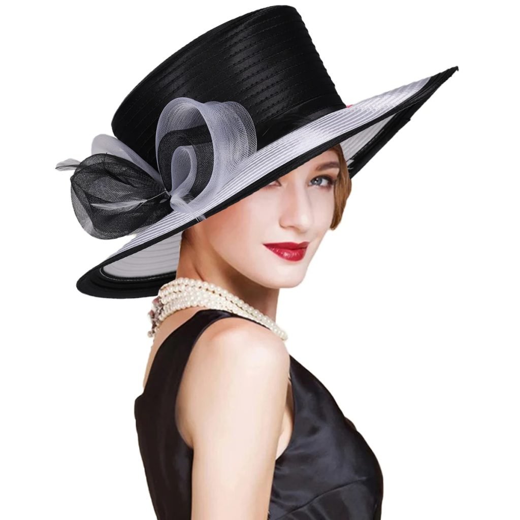 Elegant Derby Bridal Hats 2025 Cloth Strip Bowler Fedora for Church Wedding/Tea Party | Wide Brim Bride Hat with Flat Top Design