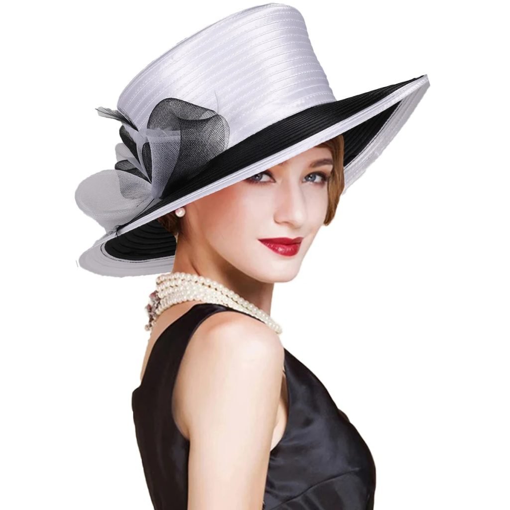 Elegant Derby Bridal Hats 2025 Cloth Strip Bowler Fedora for Church Wedding/Tea Party | Wide Brim Bride Hat with Flat Top Design