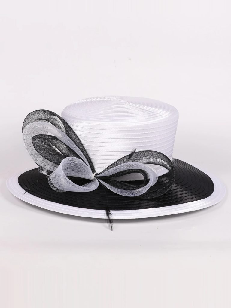 Elegant Derby Bridal Hats 2025 Cloth Strip Bowler Fedora for Church Wedding/Tea Party | Wide Brim Bride Hat with Flat Top Design