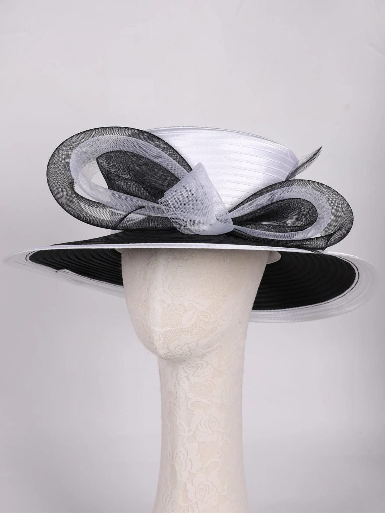 Elegant Derby Bridal Hats 2025 Cloth Strip Bowler Fedora for Church Wedding/Tea Party | Wide Brim Bride Hat with Flat Top Design